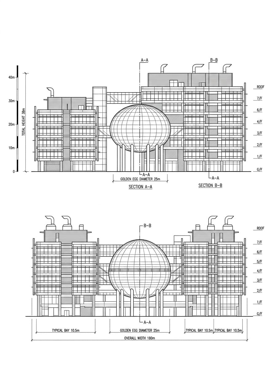 Architectural elevation drawing of Hong Kong Science Park, Sha Tin, Hong Kong