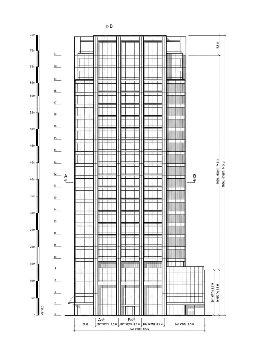 Architectural elevation drawing of Wanchai Commercial Centre, Wan Chai, Hong Kong