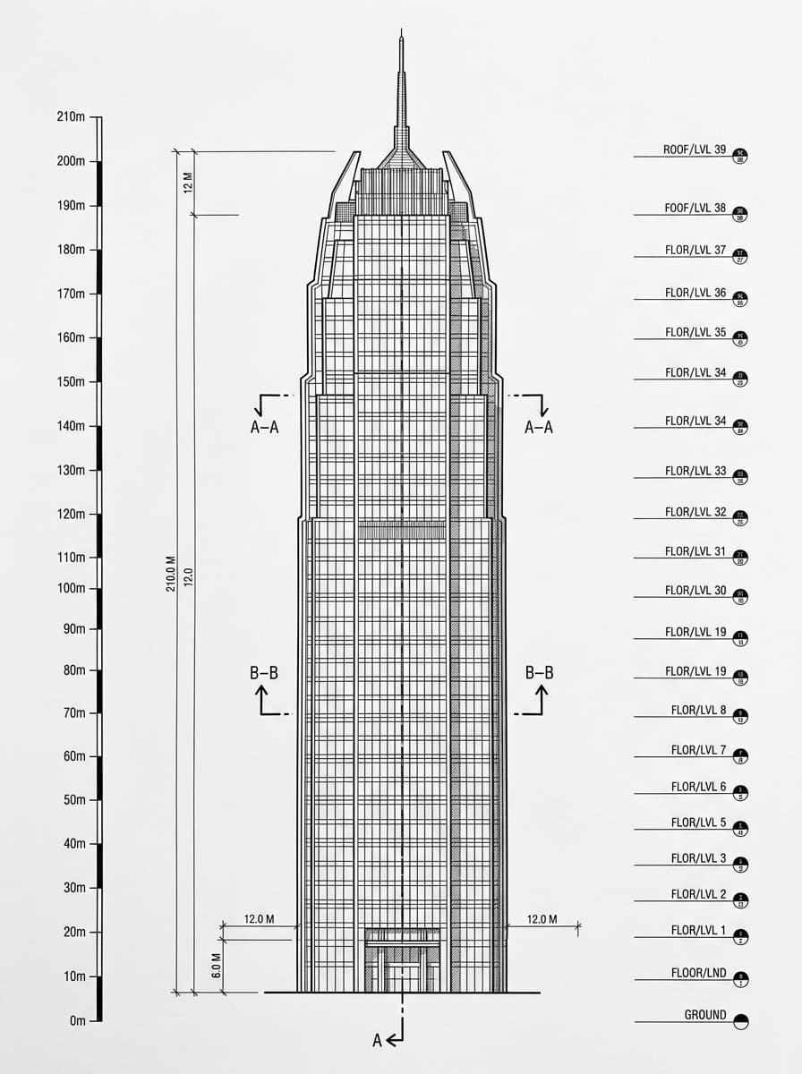 Architectural elevation drawing of One International Finance Centre, Central, Hong Kong