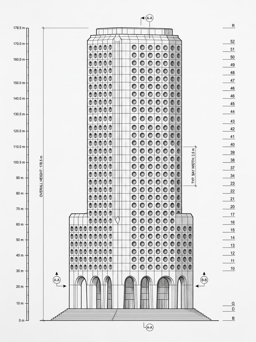 Architectural elevation drawing of Jardine House, Central, Hong Kong