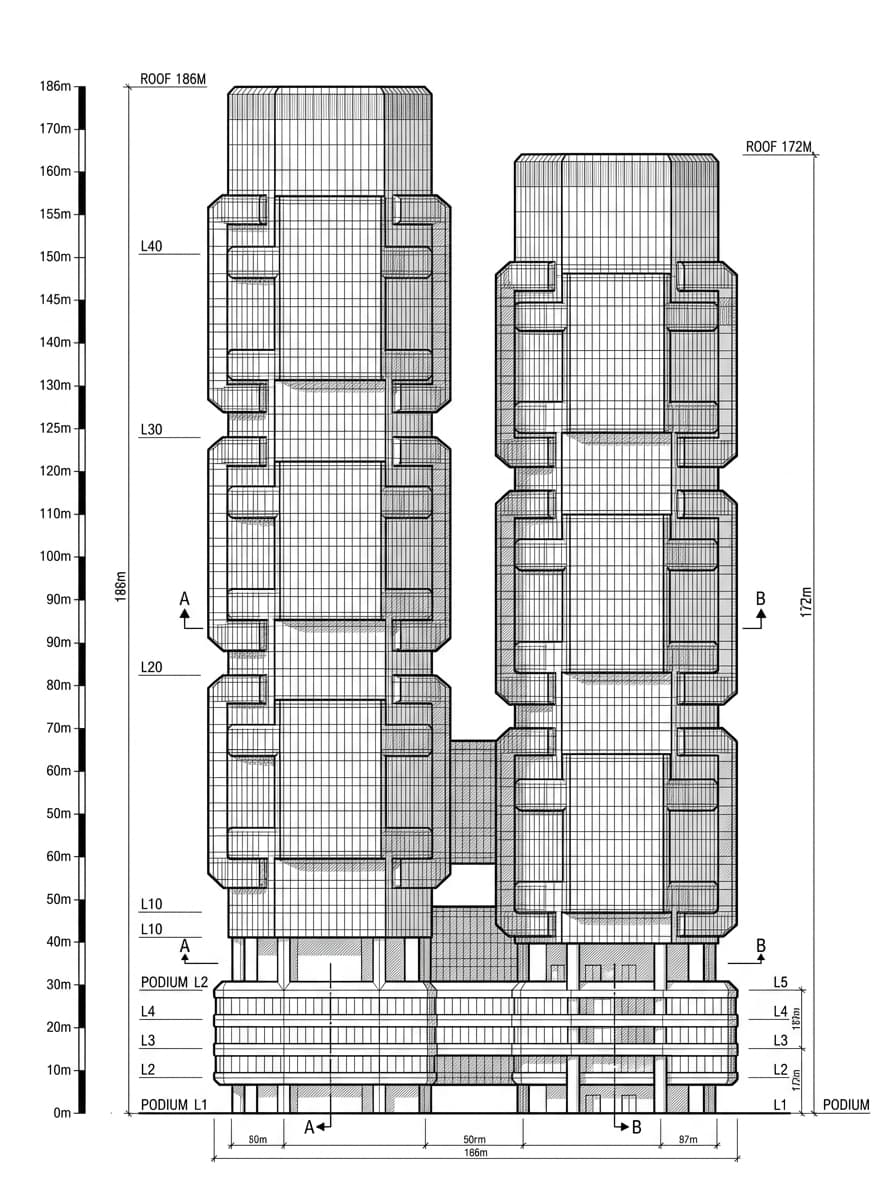 Architectural elevation drawing of Lippo Centre, Admiralty, Hong Kong