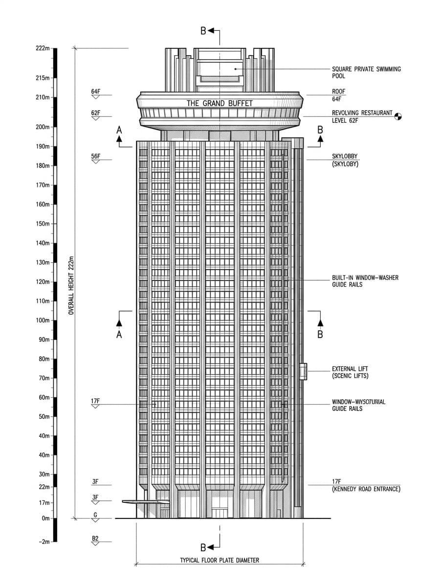 Architectural elevation drawing of Hopewell Centre, Wan Chai, Hong Kong