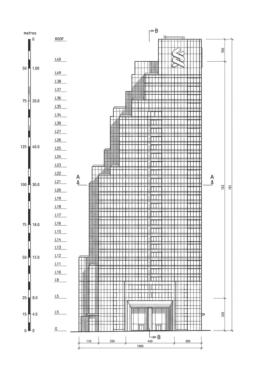 Architectural elevation drawing of Standard Chartered Bank Building, Central, Hong Kong