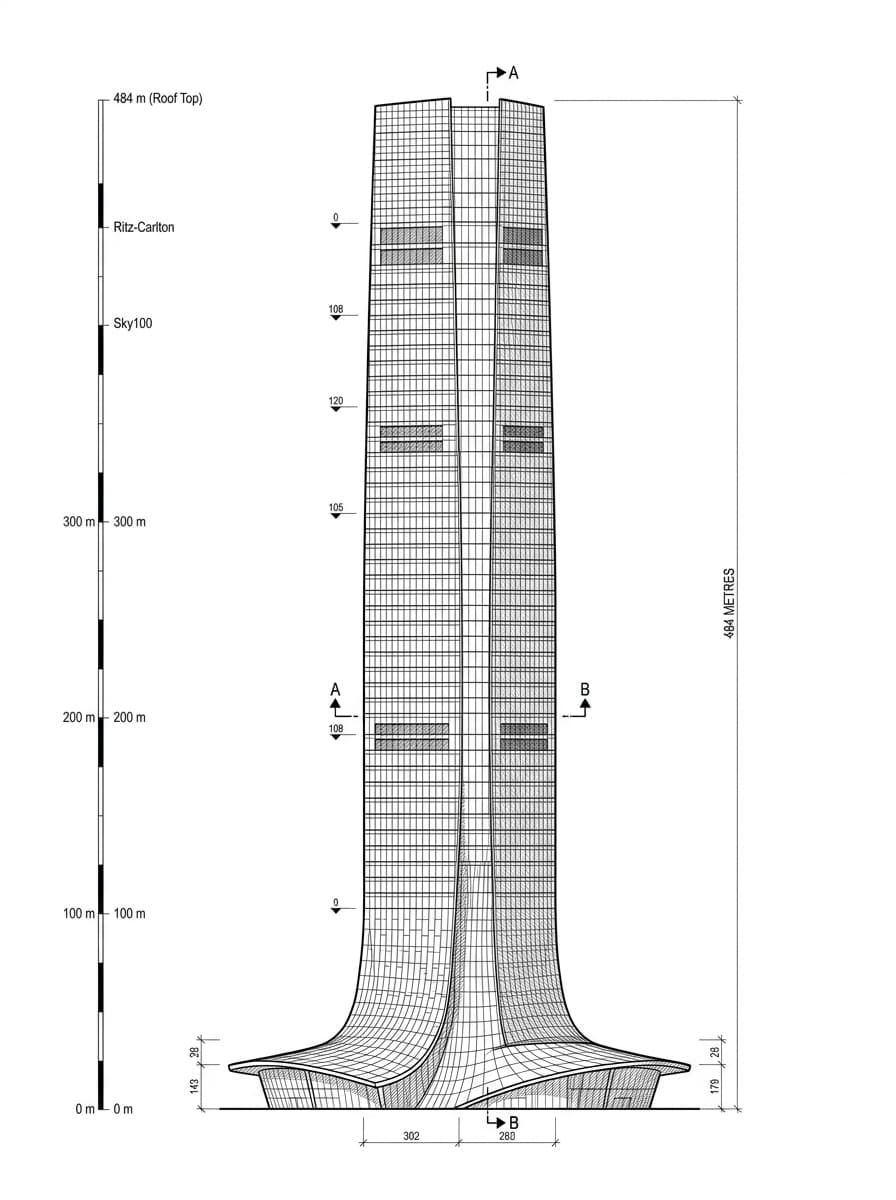 Architectural elevation drawing of International Commerce Centre, West Kowloon, Hong Kong