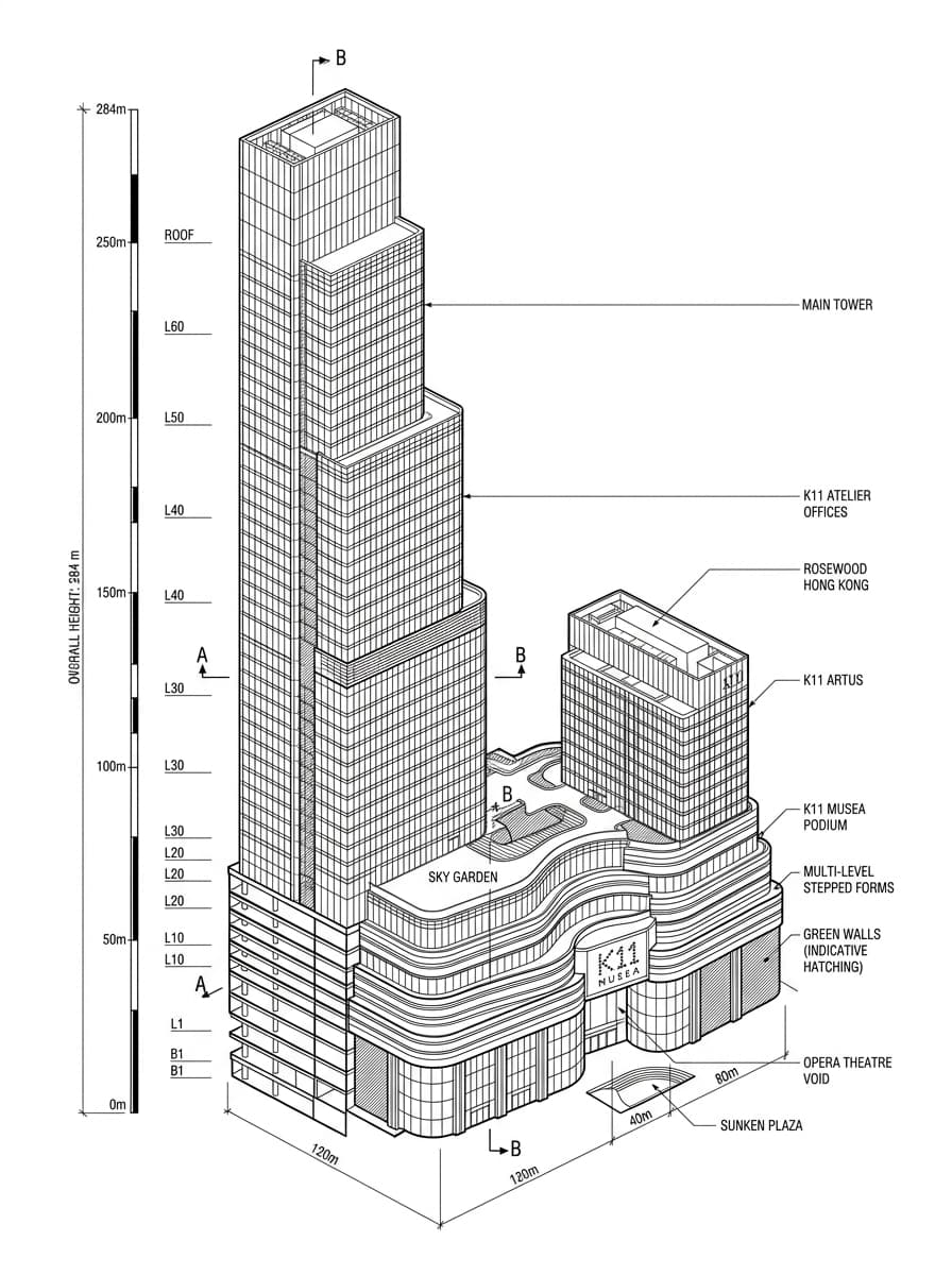 Architectural elevation drawing of Victoria Dockside, Tsim Sha Tsui, Hong Kong