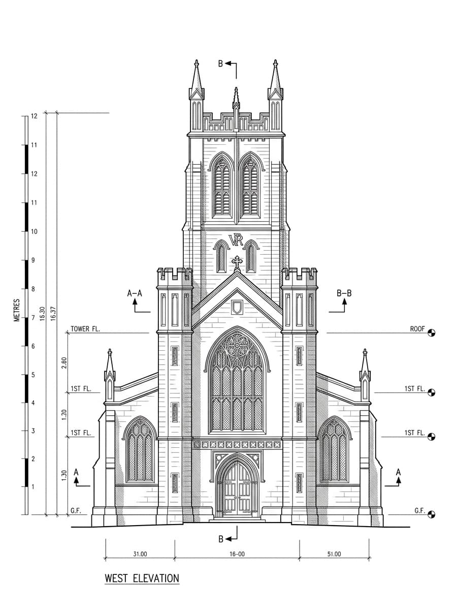 Architectural elevation drawing of St. John's Cathedral, Central, Hong Kong