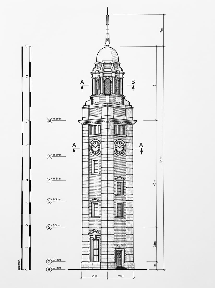 Architectural elevation drawing of Clock Tower, Tsim Sha Tsui, Hong Kong