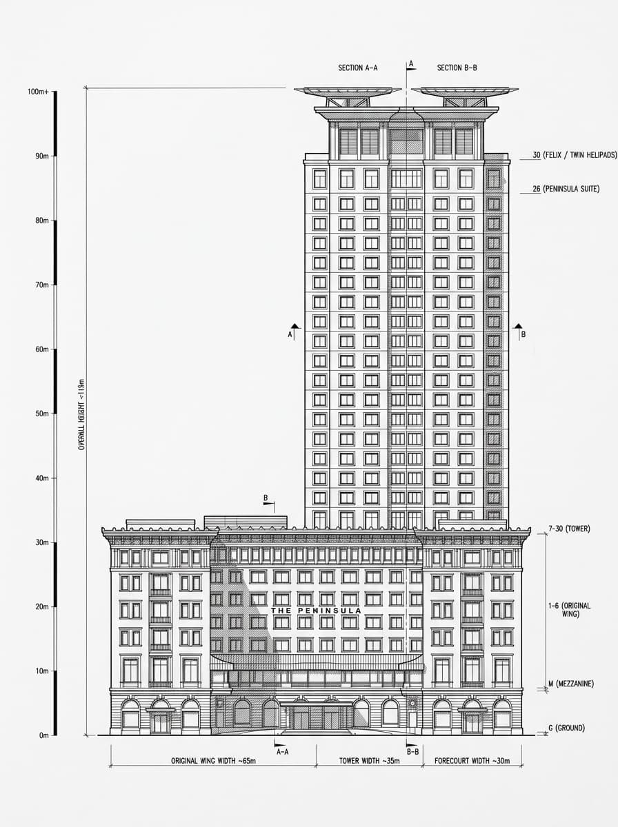 Architectural elevation drawing of The Peninsula Hong Kong, Tsim Sha Tsui, Hong Kong