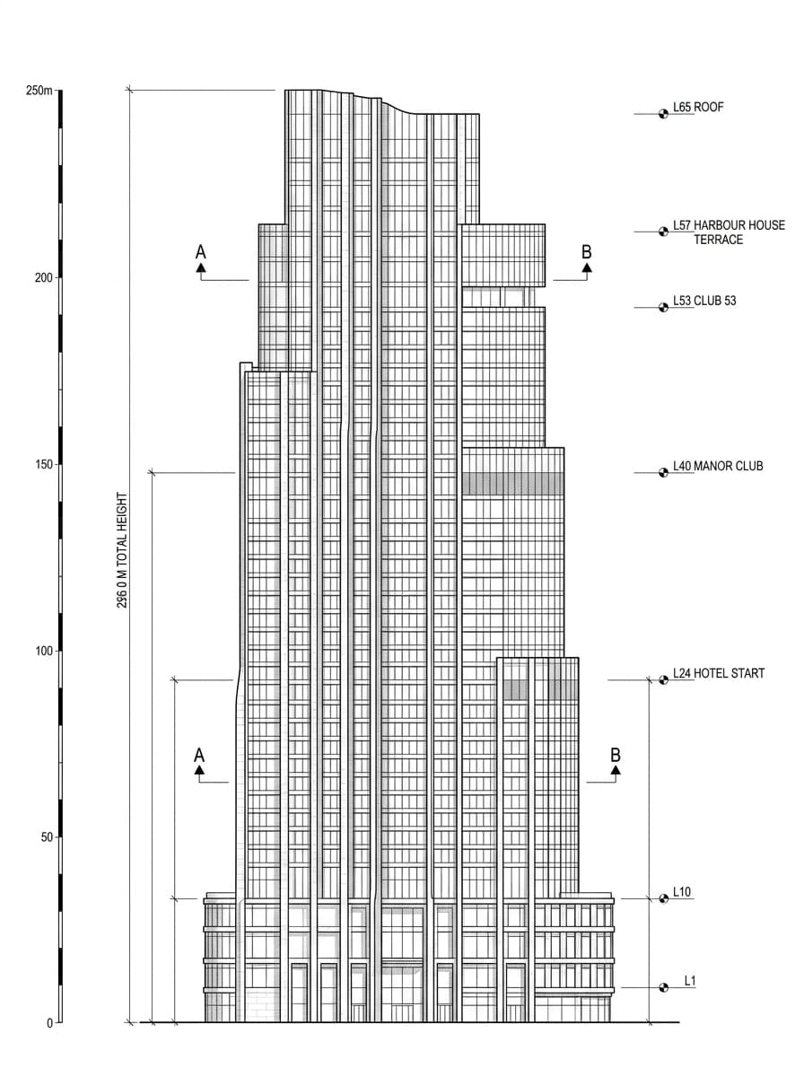 Architectural elevation drawing of Rosewood Hong Kong, Tsim Sha Tsui, Hong Kong