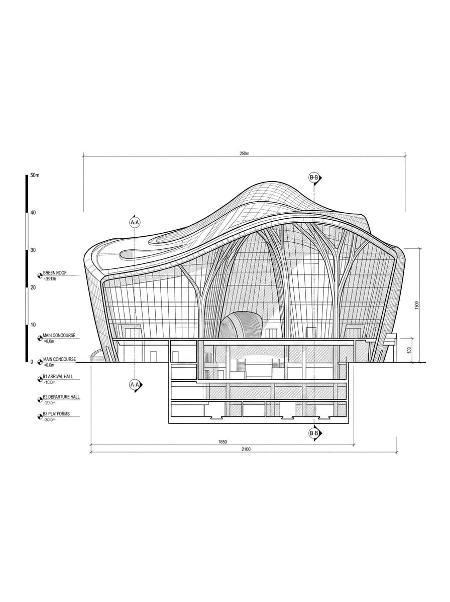 Architectural elevation drawing of West Kowloon Station, West Kowloon, Hong Kong