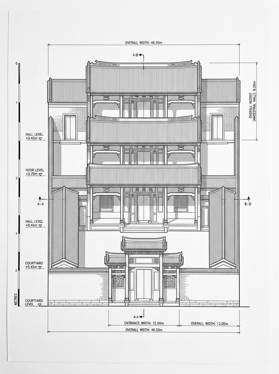 Architectural elevation drawing of Sam Tung Uk Museum, Tsuen Wan, Hong Kong