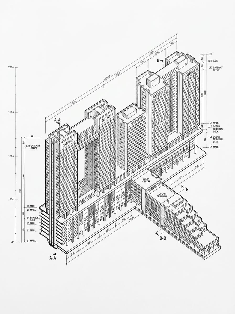 Architectural elevation drawing of Harbour City, Tsim Sha Tsui, Hong Kong