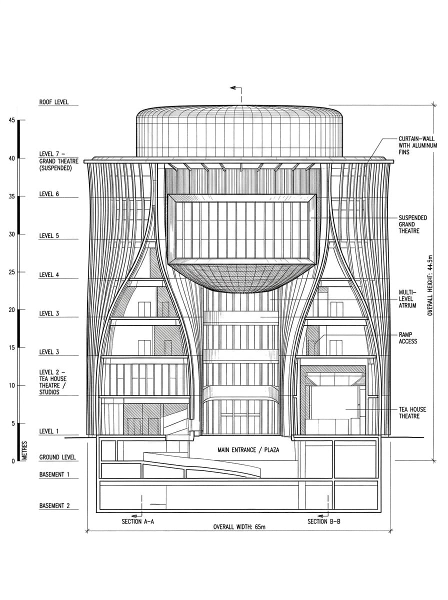 Architectural elevation drawing of Xiqu Centre, West Kowloon, Hong Kong