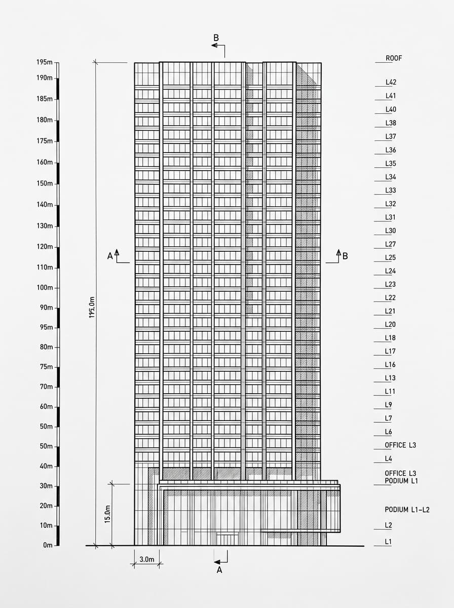 Architectural elevation drawing of Two Taikoo Place, Eastern, Hong Kong