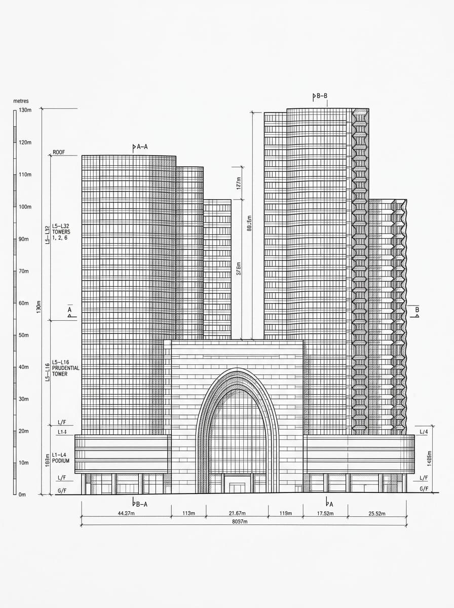 Architectural elevation drawing of The Gateway, Tsim Sha Tsui, Hong Kong