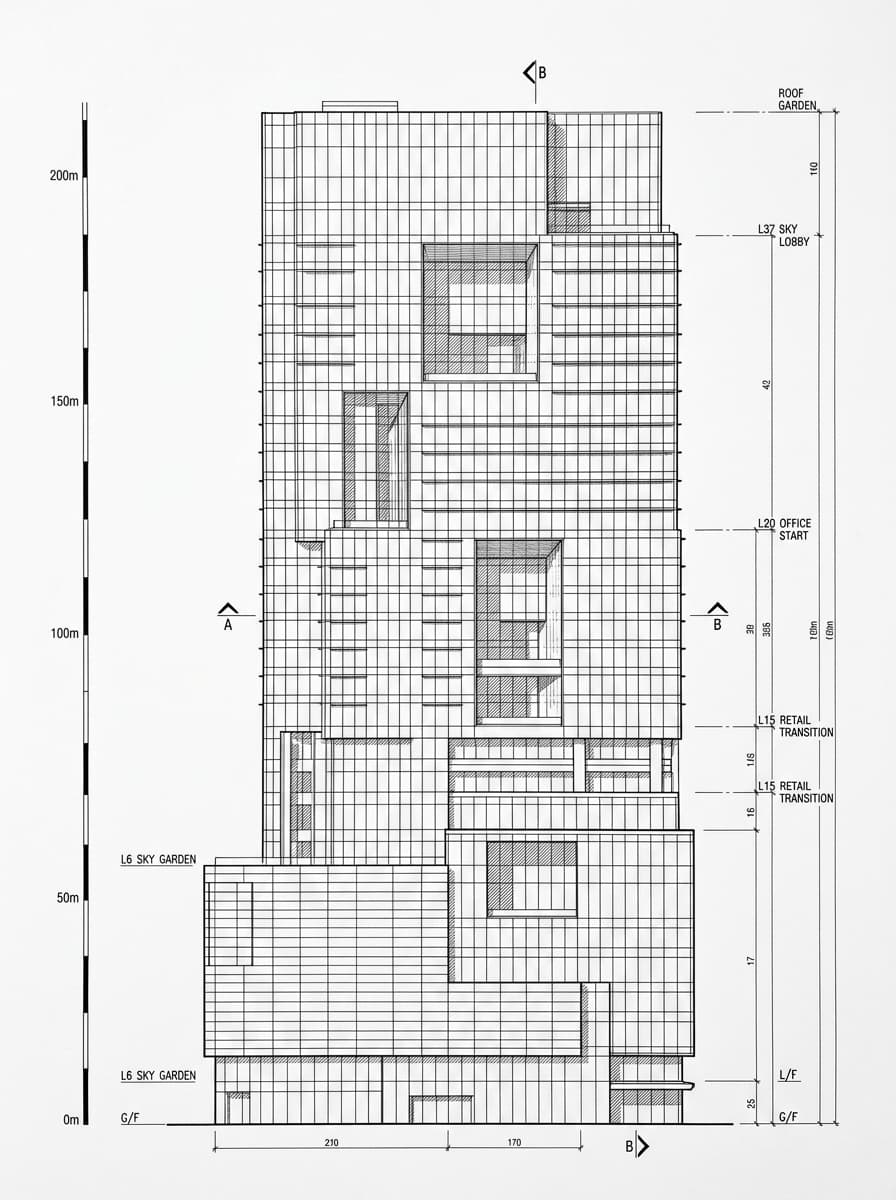 Architectural elevation drawing of Hysan Place, Causeway Bay, Hong Kong