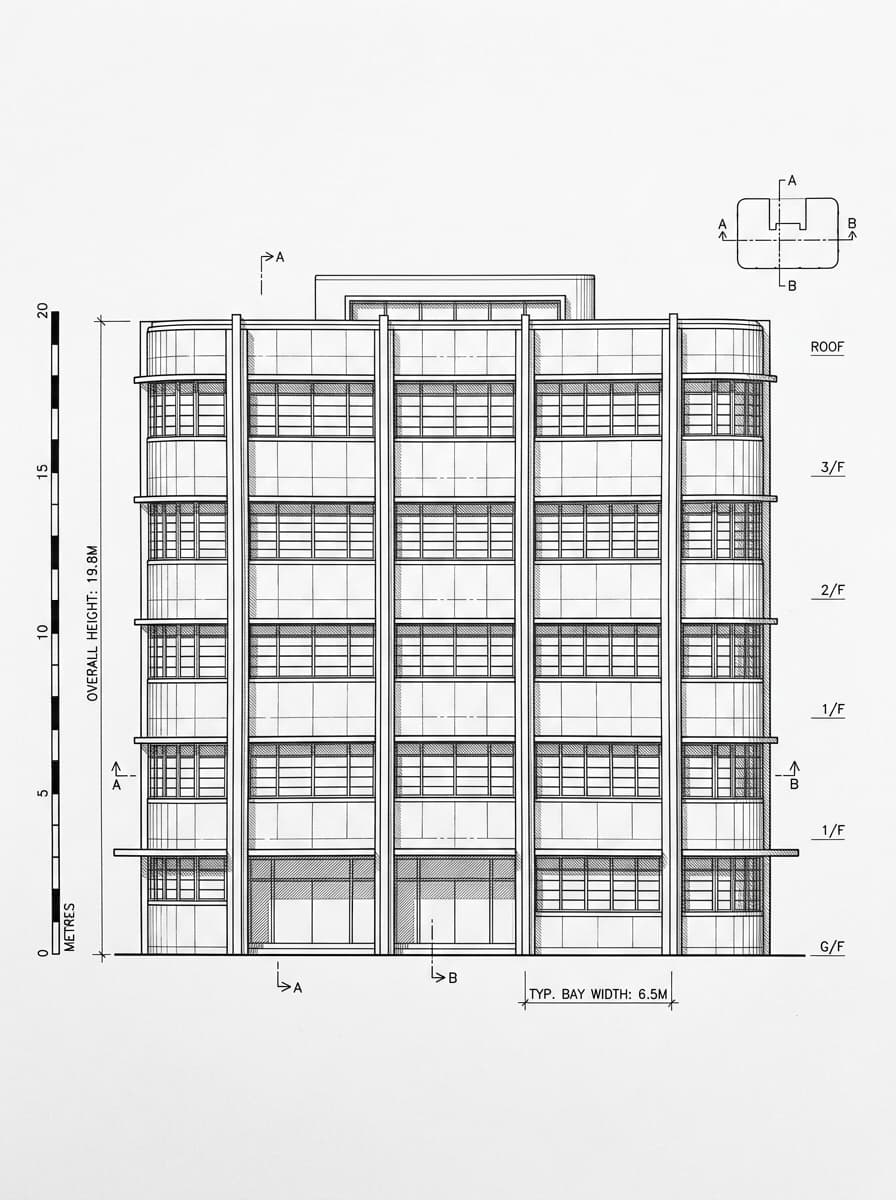 Architectural elevation drawing of Central Market, Central, Hong Kong