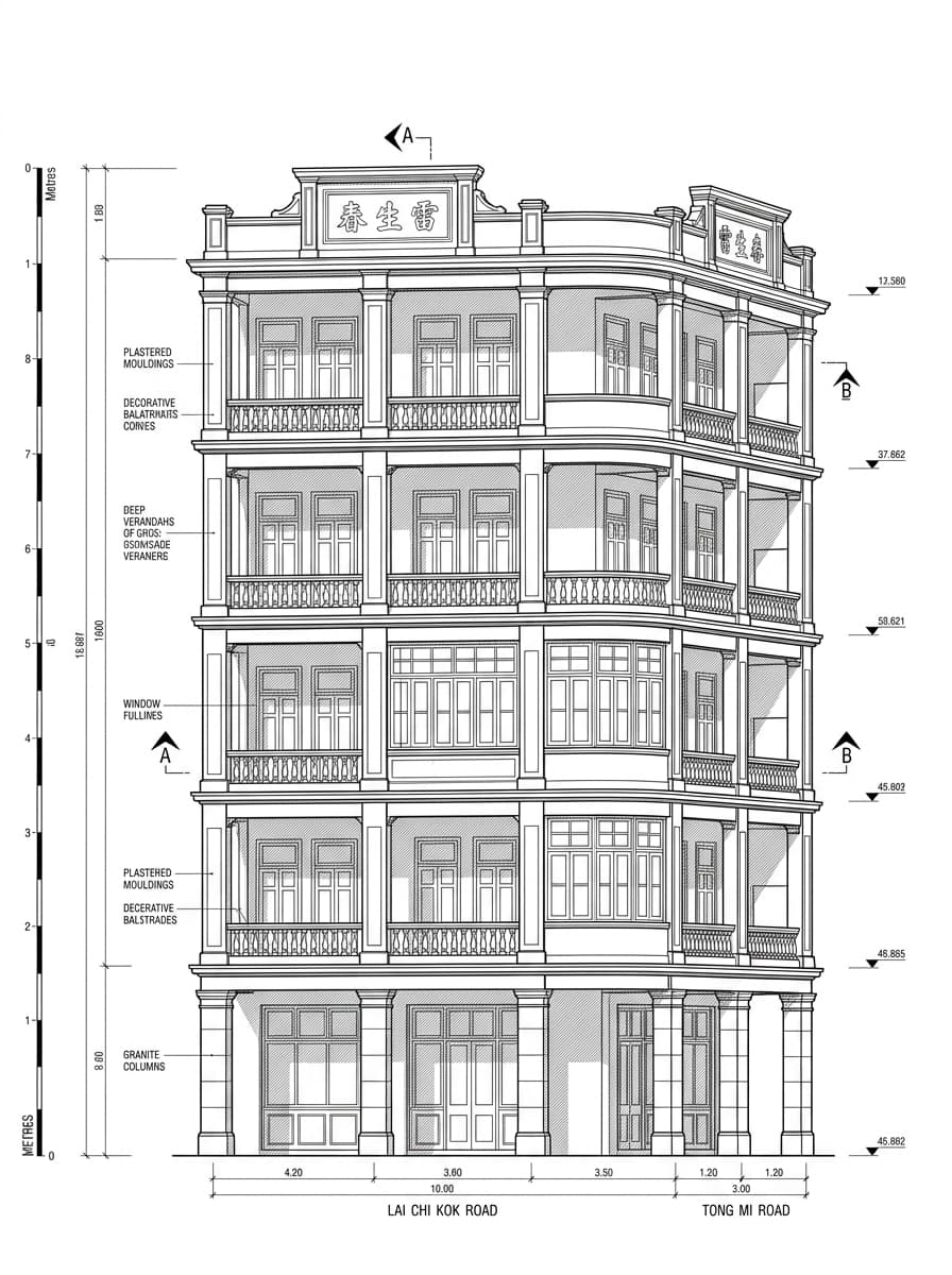 Architectural elevation drawing of Lui Seng Chun, Yau Tsim Mong, Hong Kong