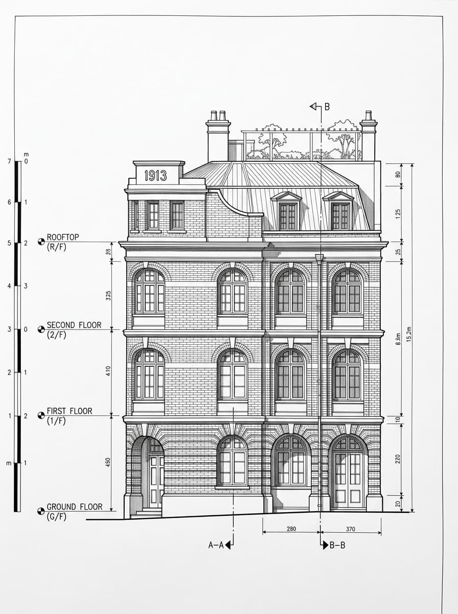 Architectural elevation drawing of Fringe Club, Central, Hong Kong
