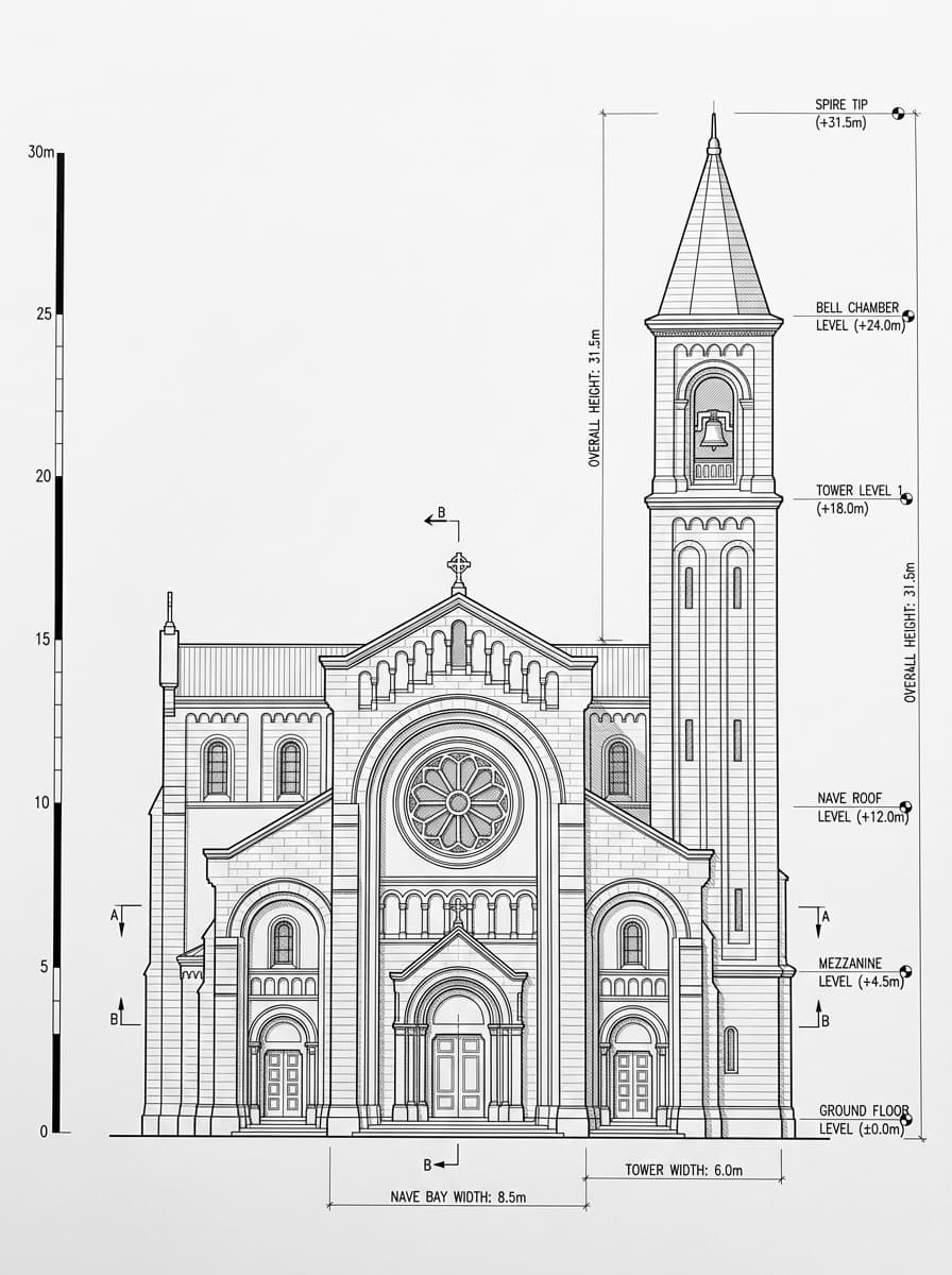 Architectural elevation drawing of St. Teresa's Church, Kowloon City, Hong Kong
