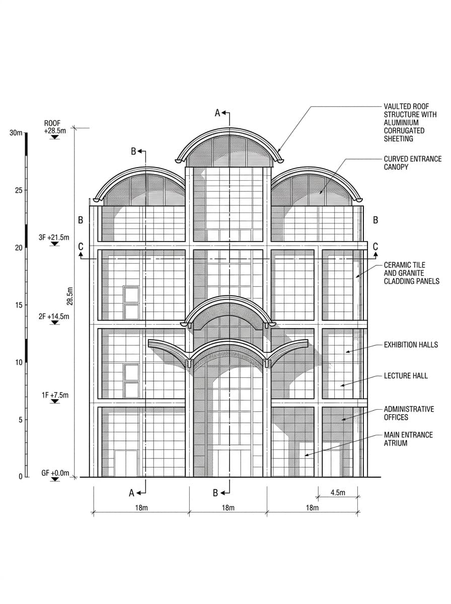Architectural elevation drawing of Hong Kong Museum of History, Tsim Sha Tsui, Hong Kong