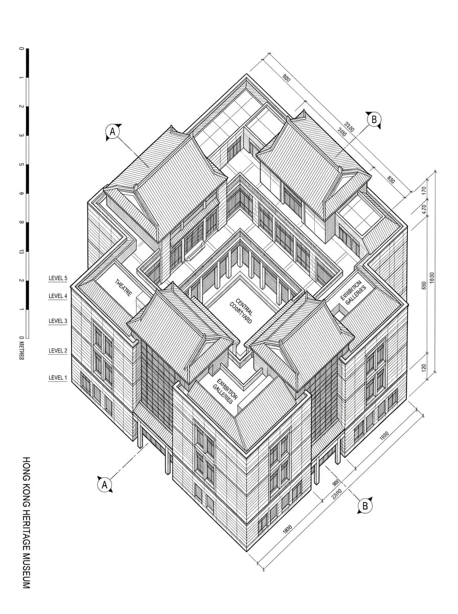 Architectural elevation drawing of Hong Kong Heritage Museum, Sha Tin, Hong Kong