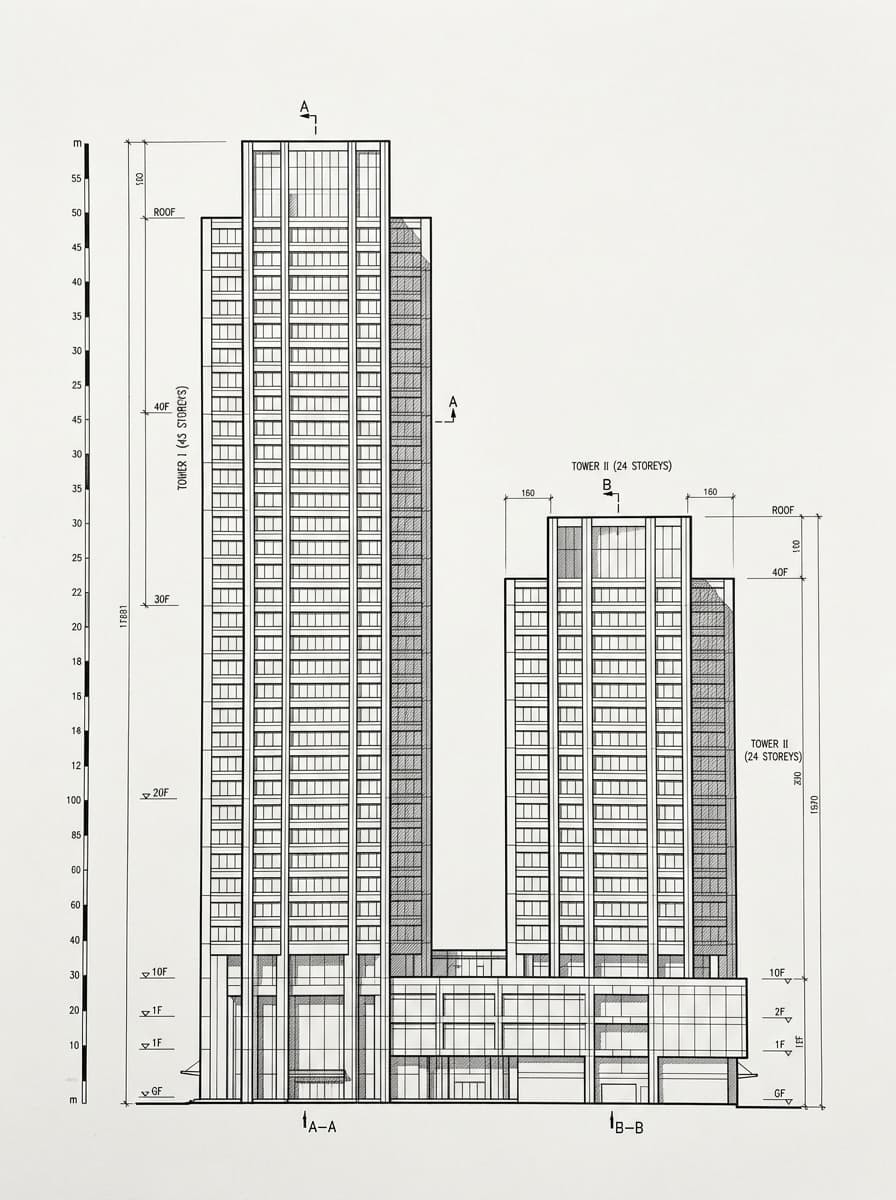 Architectural elevation drawing of New World Tower, Central, Hong Kong