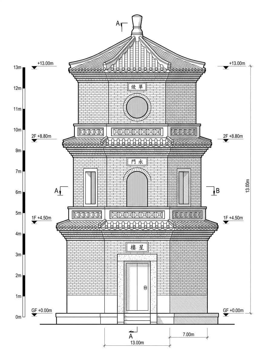 Architectural elevation drawing of Tsui Sing Lau Pagoda, Yuen Long, Hong Kong
