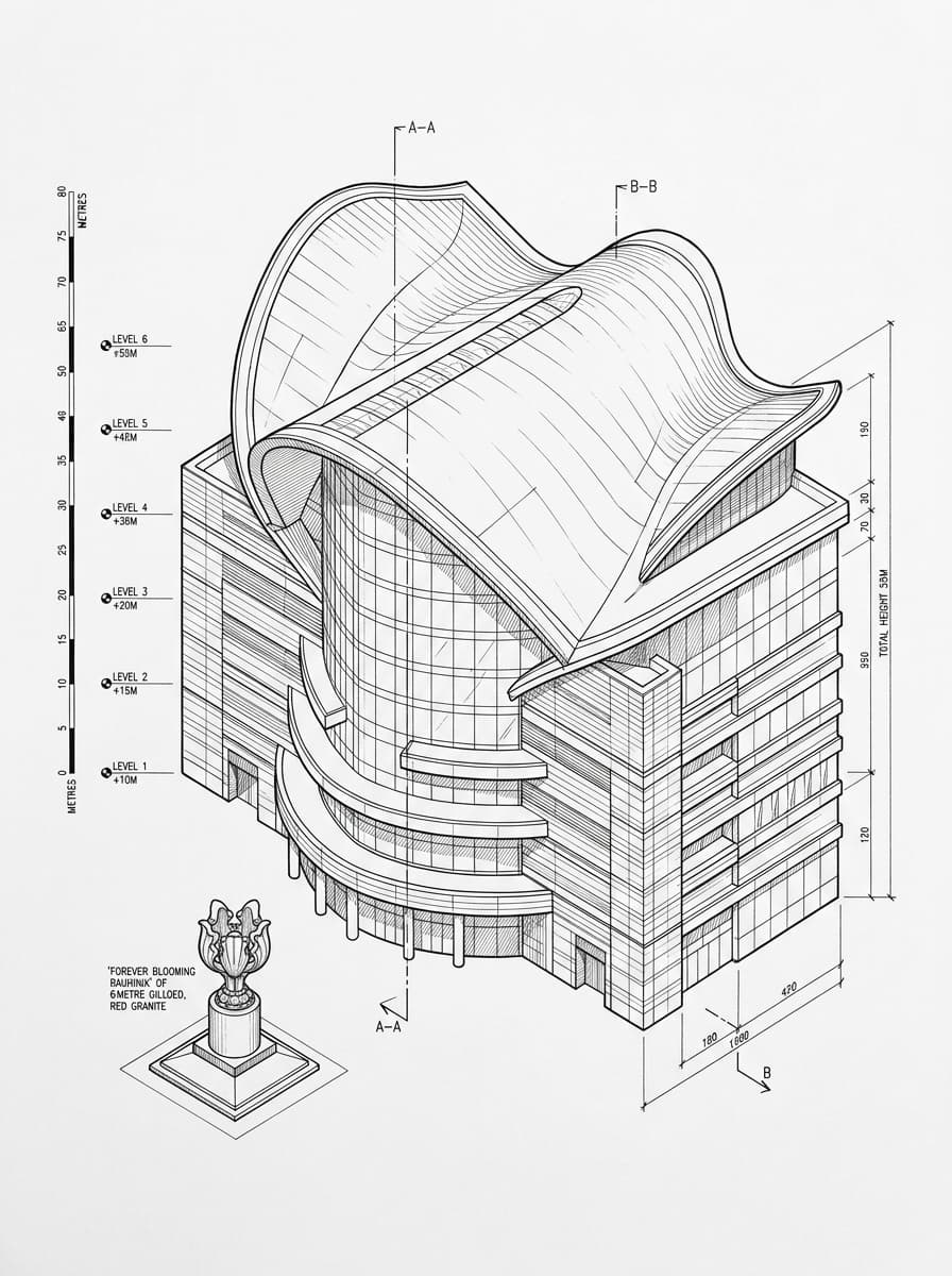 Architectural elevation drawing of Golden Bauhinia Square, Wan Chai, Hong Kong