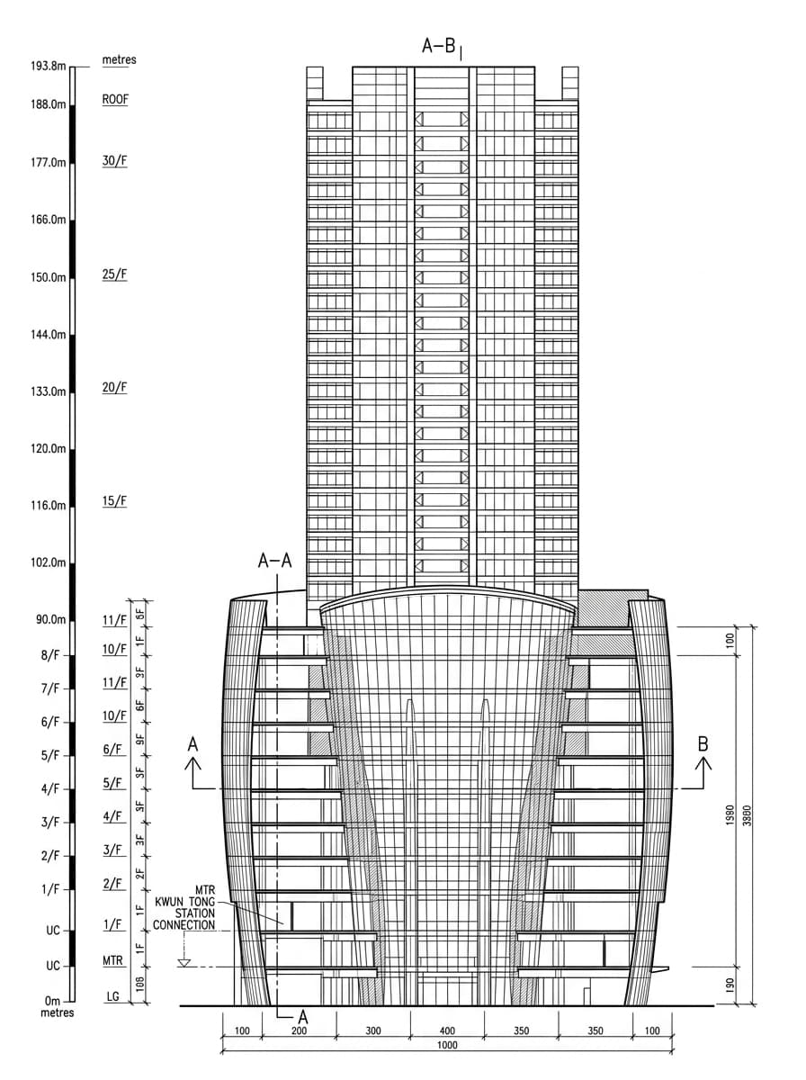 Architectural elevation drawing of APM Kwun Tong, Kwun Tong, Hong Kong