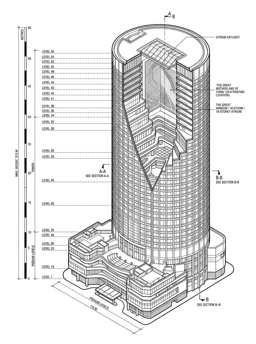 Architectural elevation drawing of Island Shangri-La, Admiralty, Hong Kong
