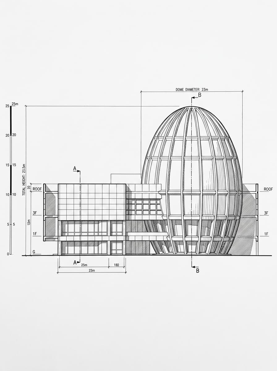 Architectural elevation drawing of Hong Kong Space Museum, Tsim Sha Tsui, Hong Kong