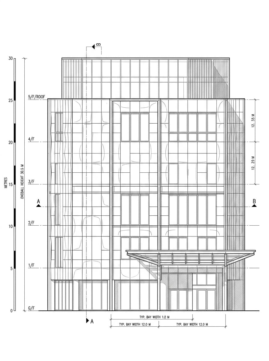 Architectural elevation drawing of Hong Kong Museum of Art, Tsim Sha Tsui, Hong Kong