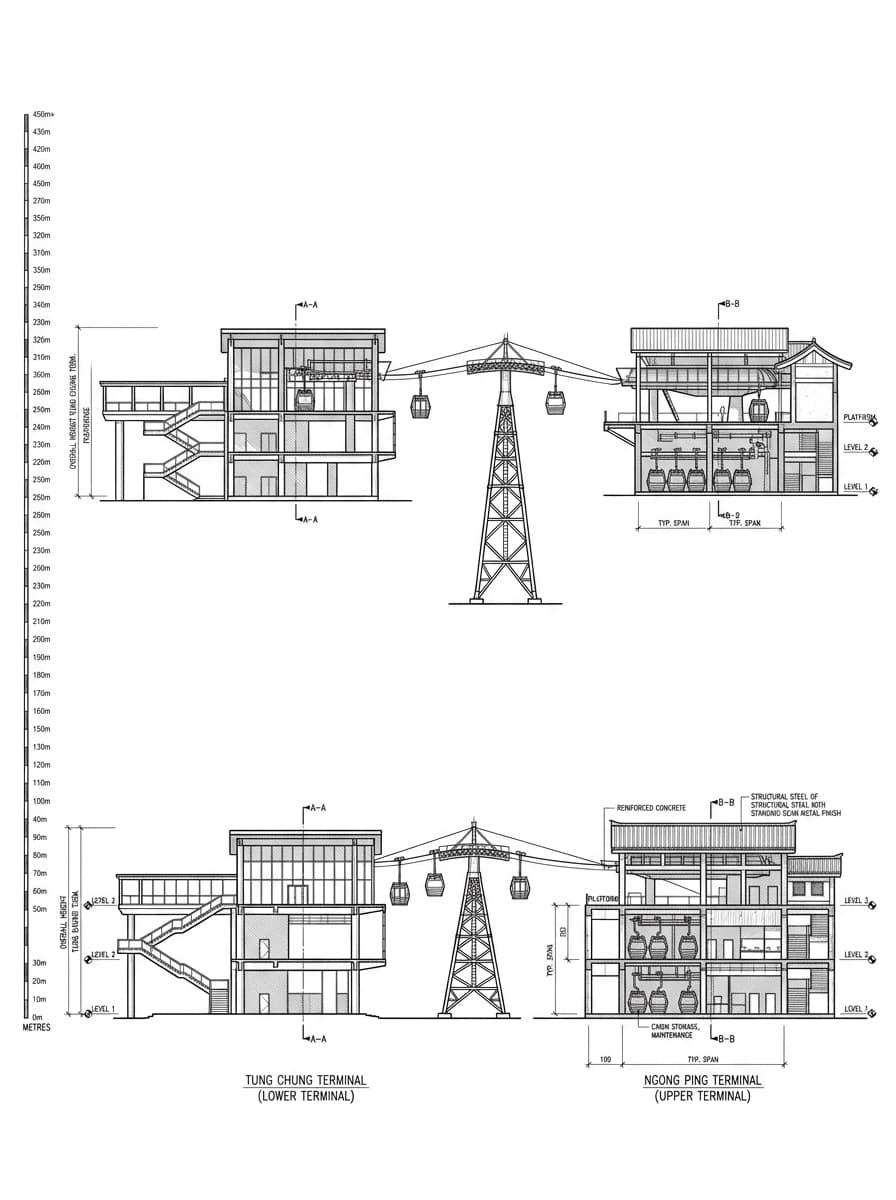 Architectural elevation drawing of Ngong Ping 360, Islands, Hong Kong