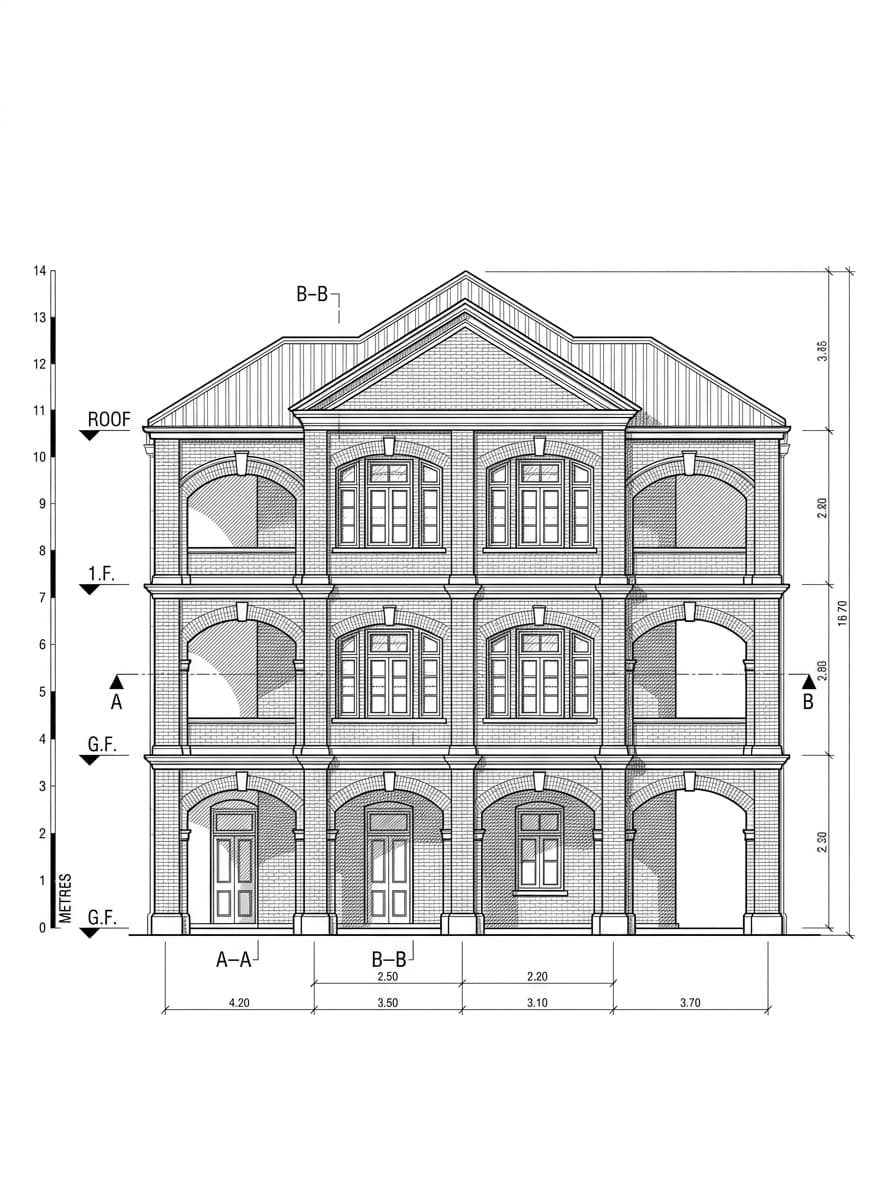 Architectural elevation drawing of Former Kowloon British School, Tsim Sha Tsui, Hong Kong