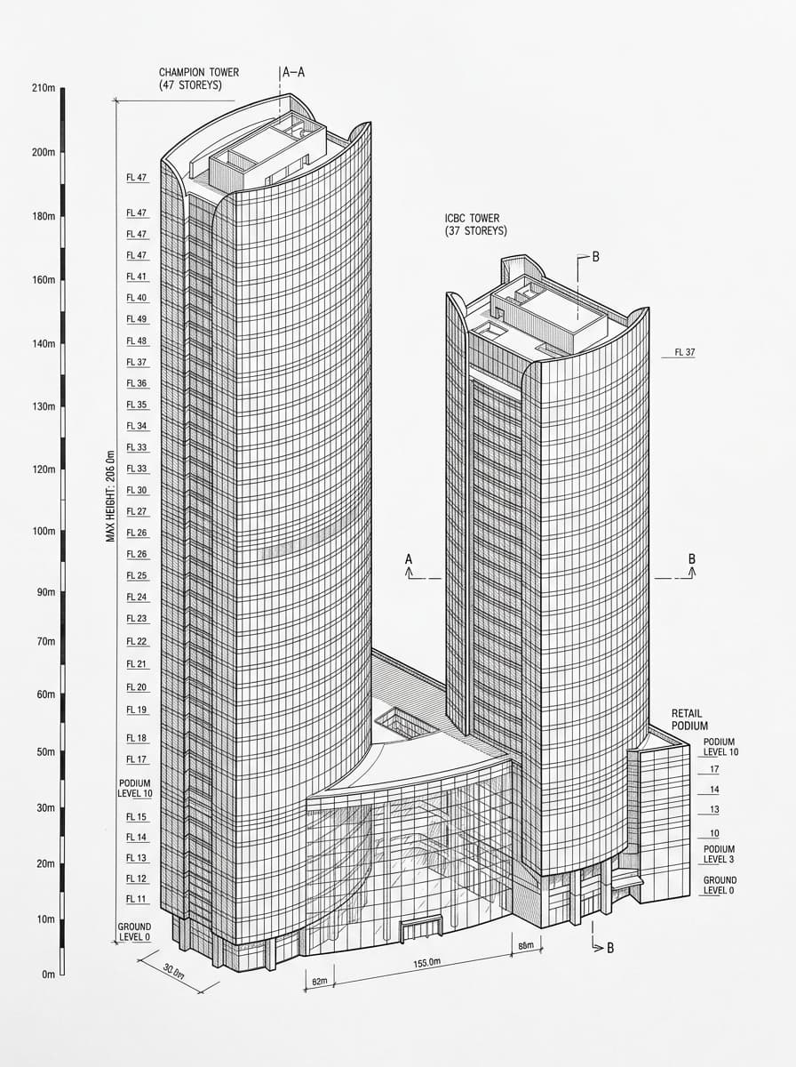 Architectural elevation drawing of Three Garden Road, Central, Hong Kong