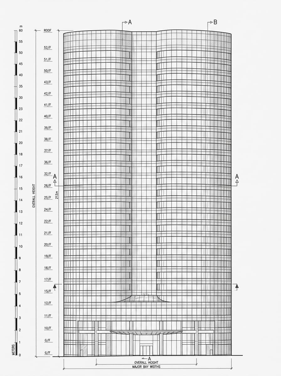 Architectural elevation drawing of One Exchange Square, Central, Hong Kong