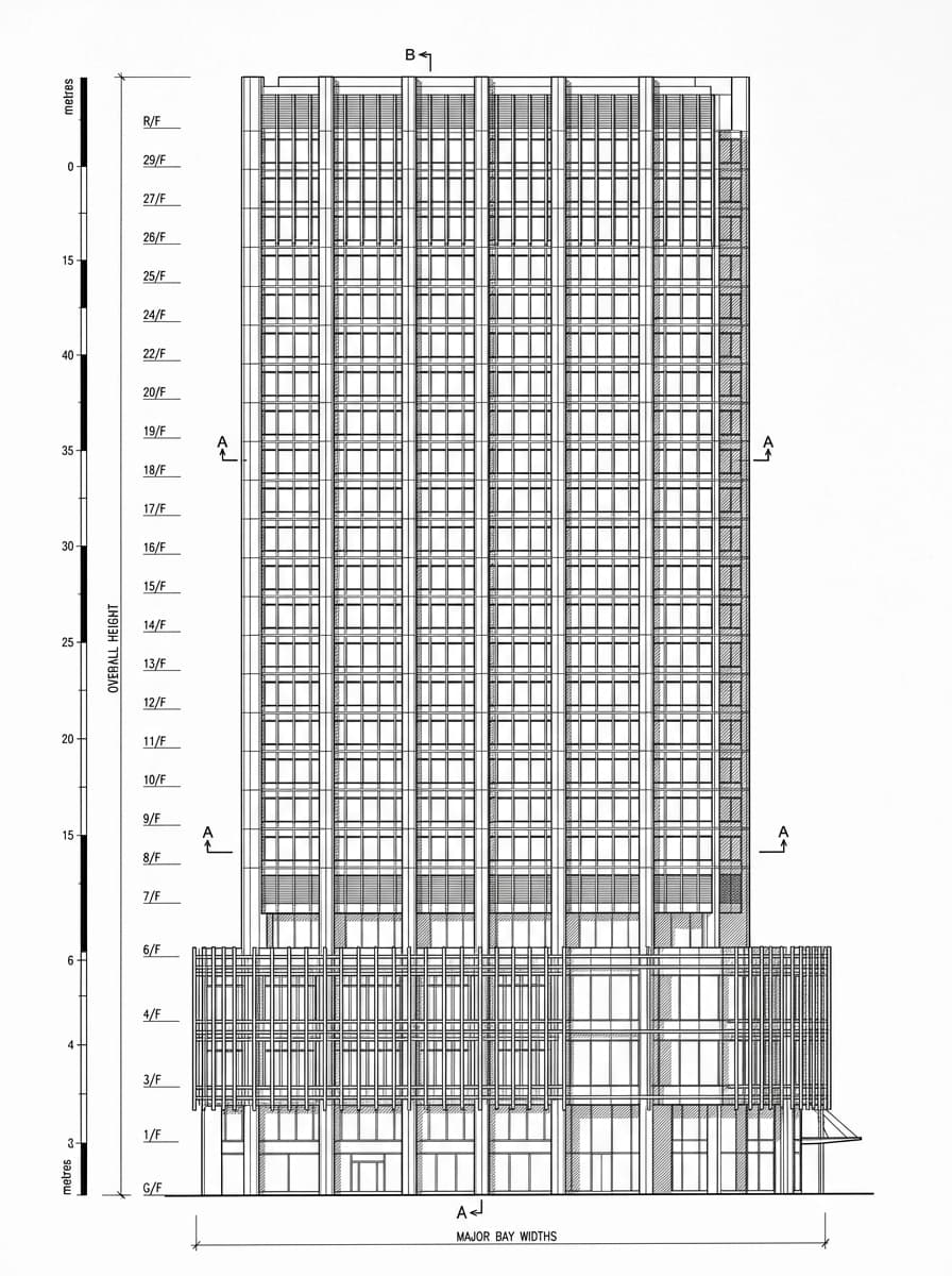 Architectural elevation drawing of Prince's Building, Central, Hong Kong