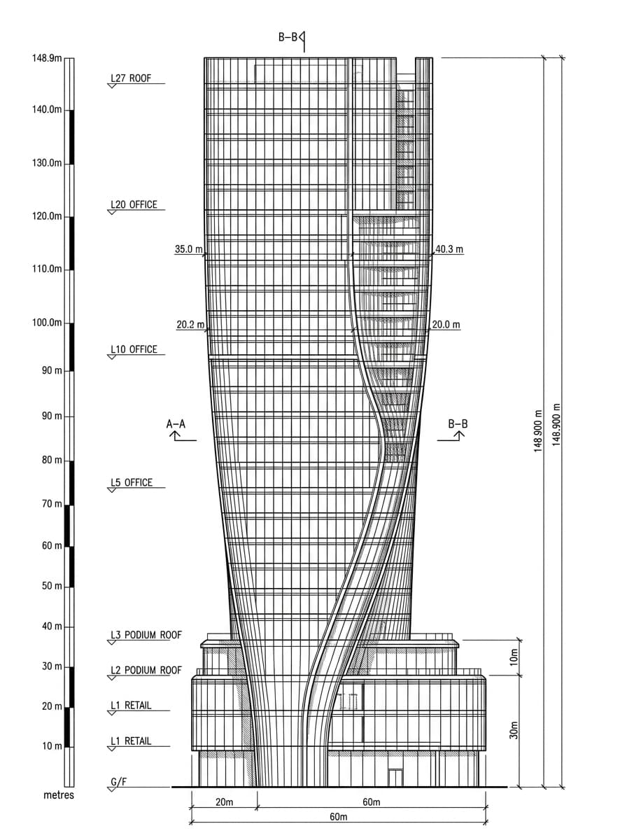 Architectural elevation drawing of One Hennessy, Wan Chai, Hong Kong