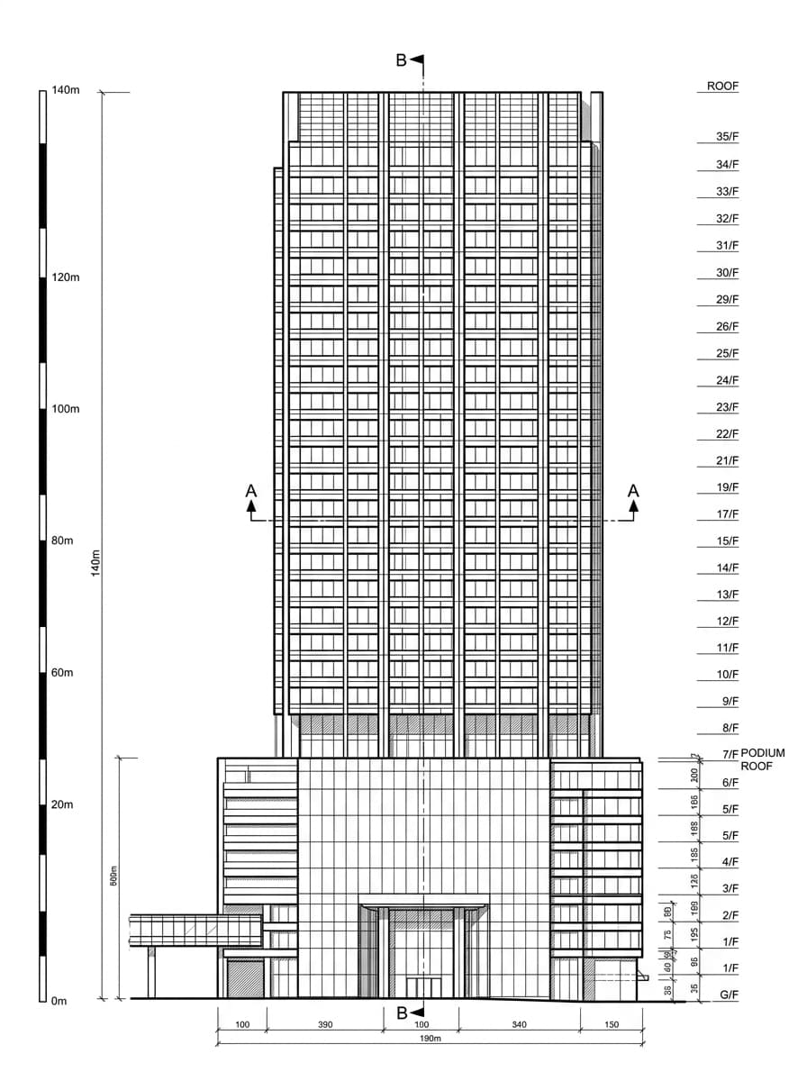 Architectural elevation drawing of United Centre, Admiralty, Hong Kong