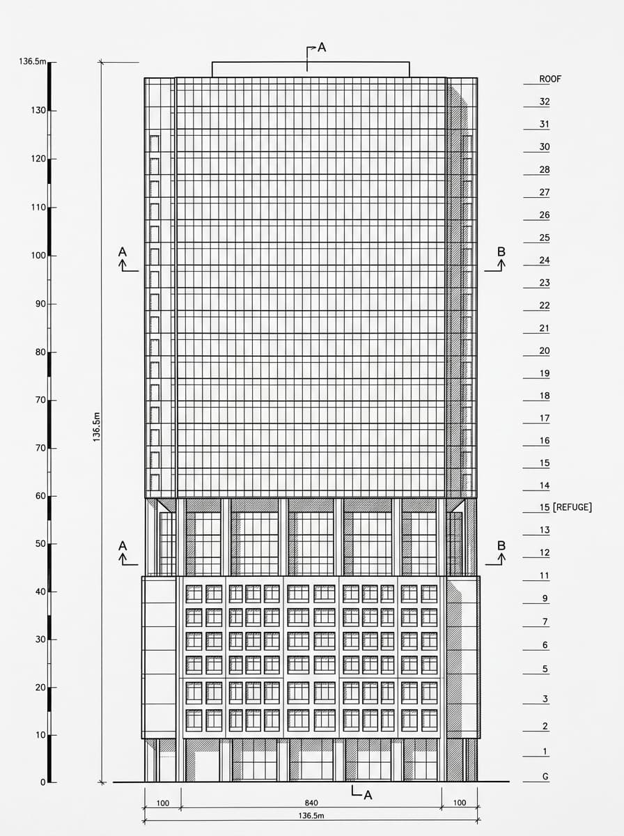 Architectural elevation drawing of Wanchai Tower, Wan Chai, Hong Kong