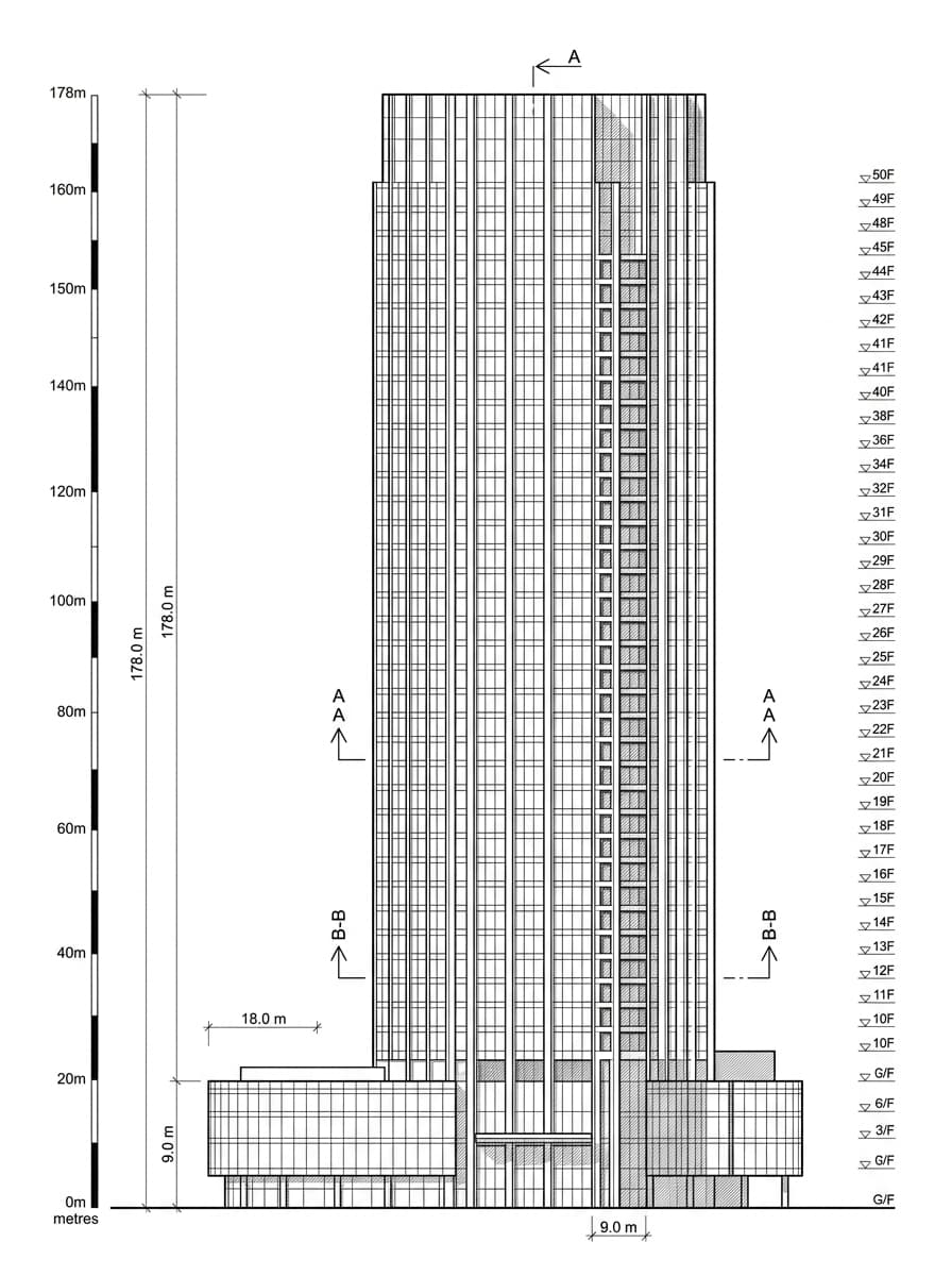 Architectural elevation drawing of China Resources Building, Wan Chai, Hong Kong