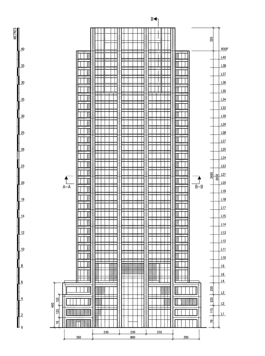 Architectural elevation drawing of Oxford House (Taikoo Place), Eastern, Hong Kong