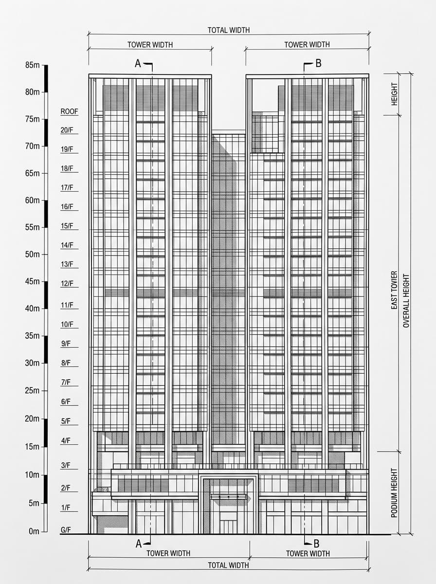 Architectural elevation drawing of One Bay East, Kwun Tong, Hong Kong