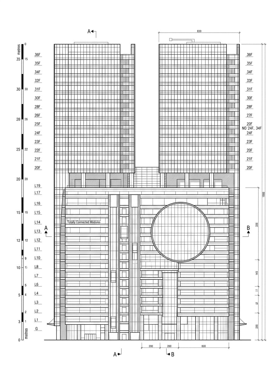 Architectural elevation drawing of Enterprise Square Five / MegaBox, Kwun Tong, Hong Kong