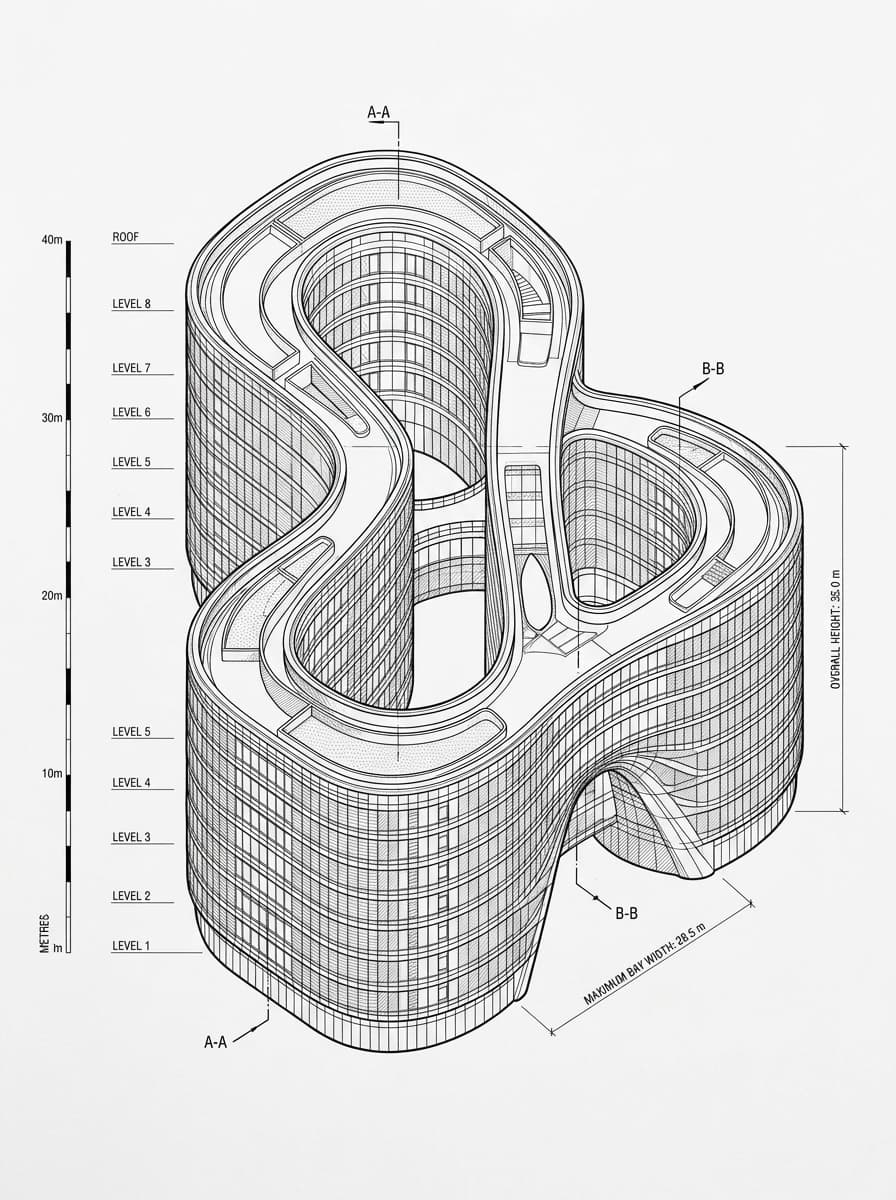Architectural elevation drawing of Infinitus Plaza, Sheung Wan, Hong Kong