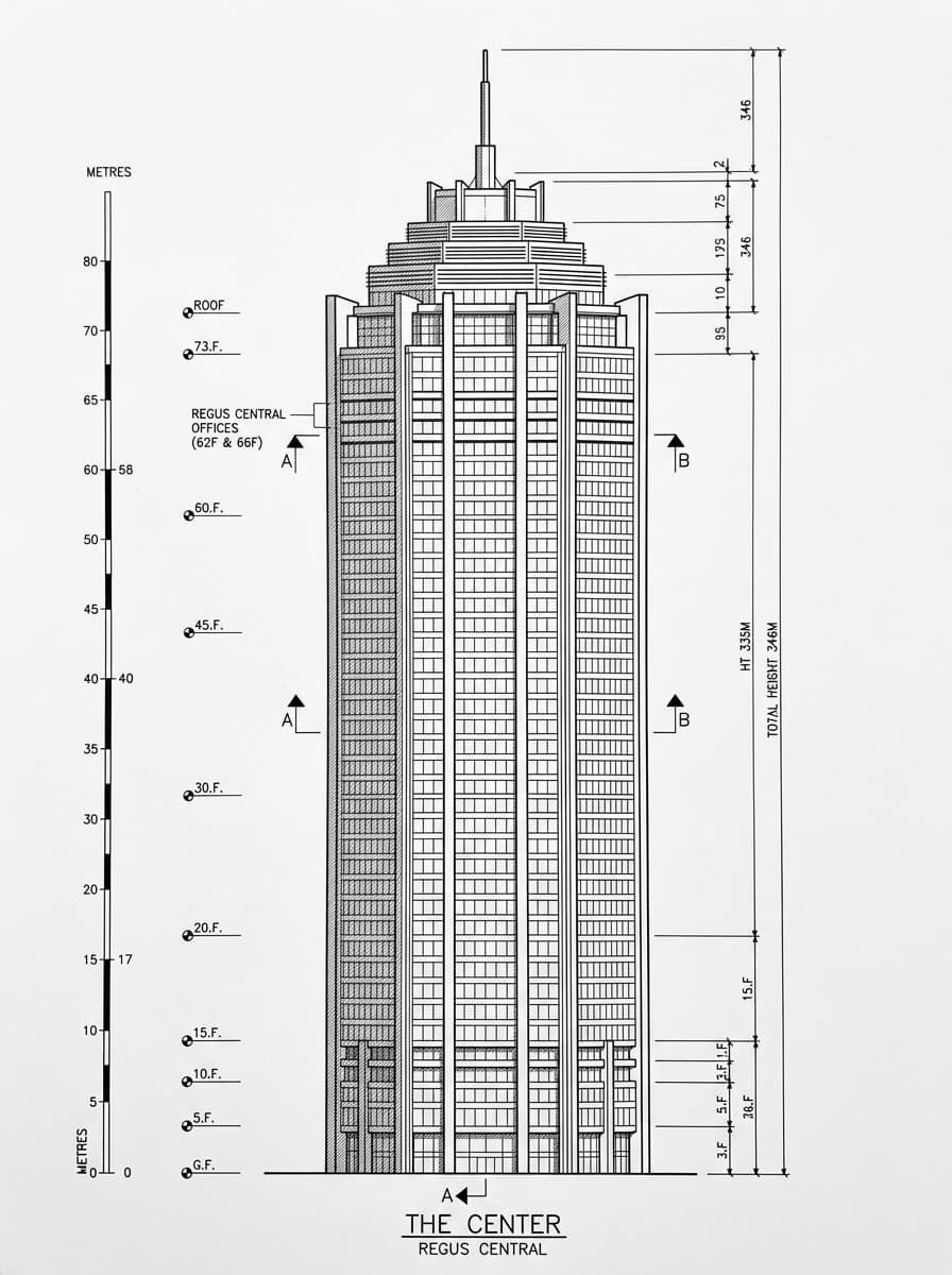 Architectural elevation drawing of Regus Central, Central, Hong Kong