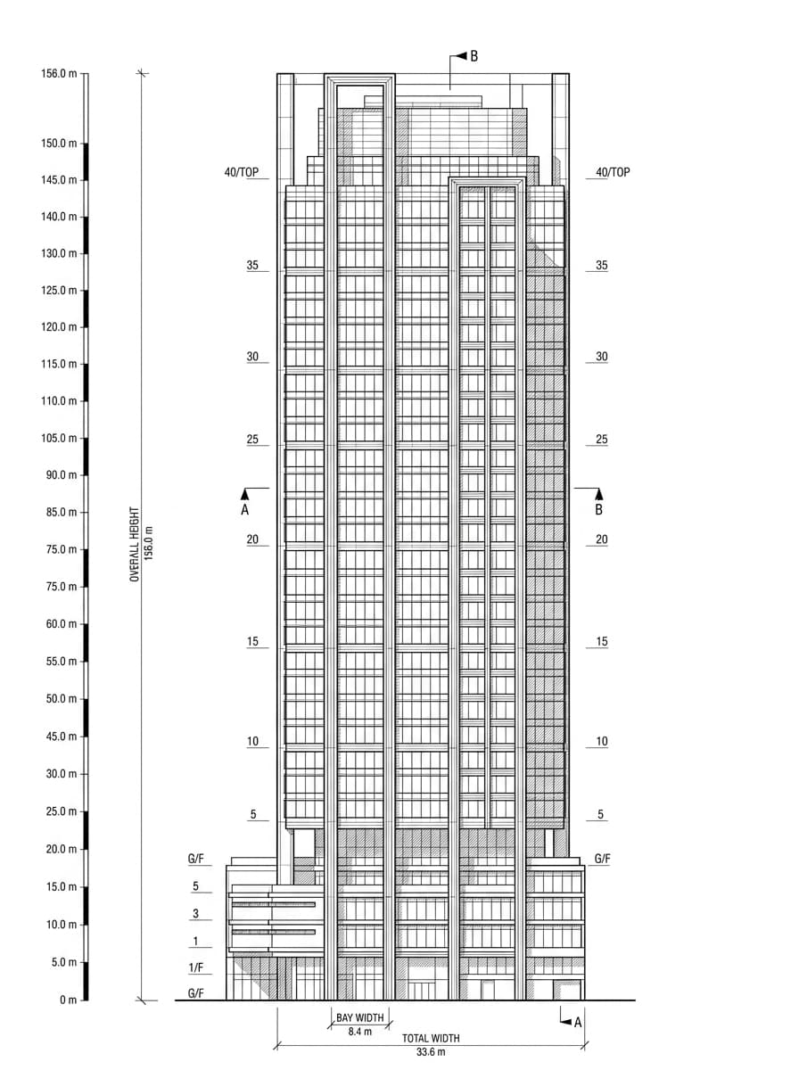 Architectural elevation drawing of Dah Sing Financial Centre, Wan Chai, Hong Kong