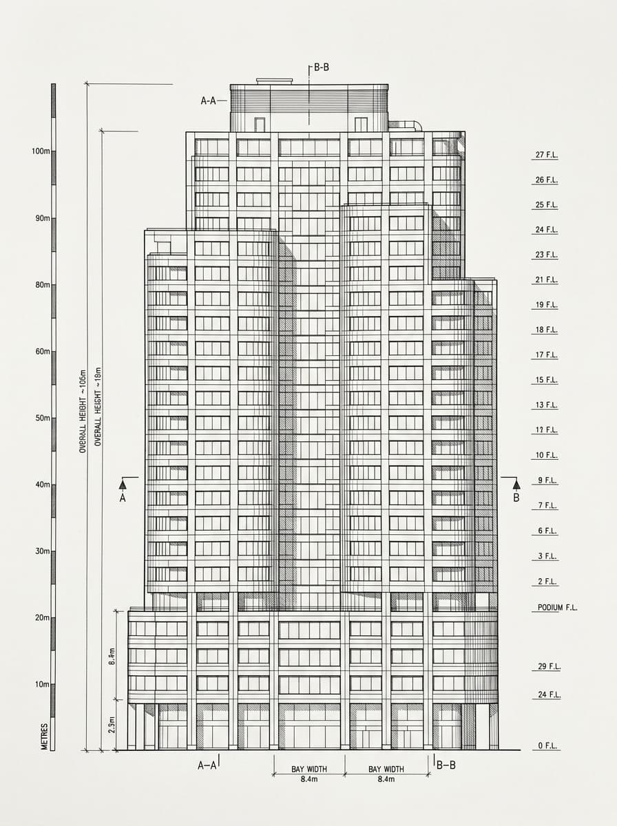 Architectural elevation drawing of Cityplaza One, Eastern, Hong Kong