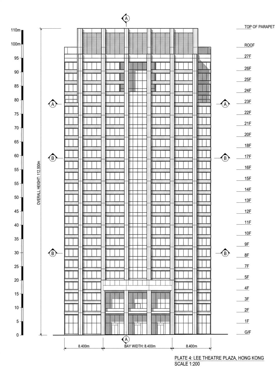Architectural elevation drawing of Island Beverley / Lee Theatre, Causeway Bay, Hong Kong